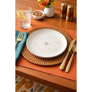 Syracuse China Evening Star Dinner Plates Atomic Starburst MCM White Silver Rim